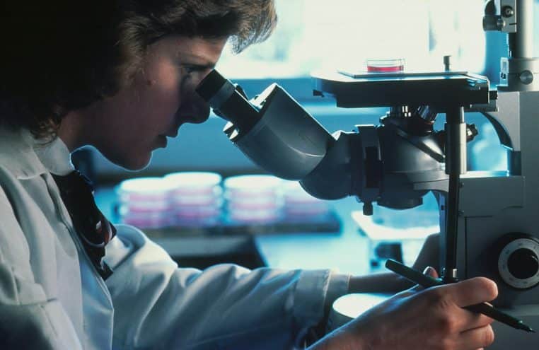 Femme regarde le microscope
