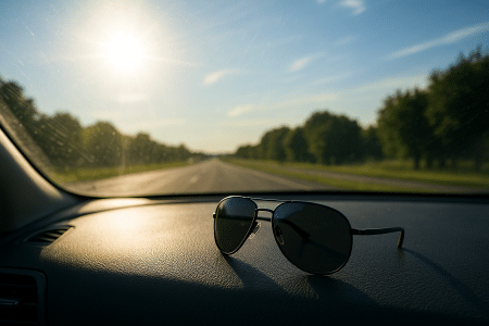 Paire de lunettes de soleil posée sur un tableau de bord avec le soleil éclatant en arrière-plan