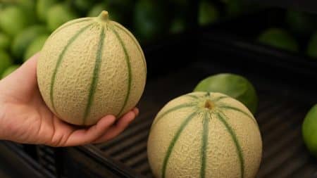 Main tenant un melon charentais bien mûr parmi d'autres fruits en rayon.