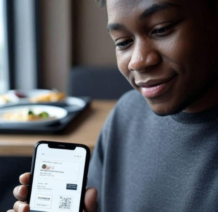 Une personne tient un smartphone affichant un titre-restaurant numérique dans un café moderne, avec un plateau-repas flou en arrière-plan, sous une lumière naturelle douce.