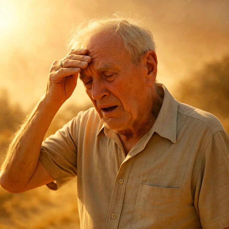 Portrait d’un homme âgé en plein soleil, inclinant la tête et posant une main sur le front pour se protéger de la chaleur intense.