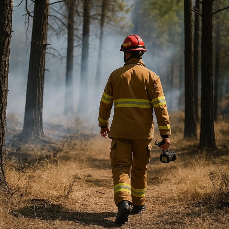 pompier inspectant une forêt sèche au milieu de fumées