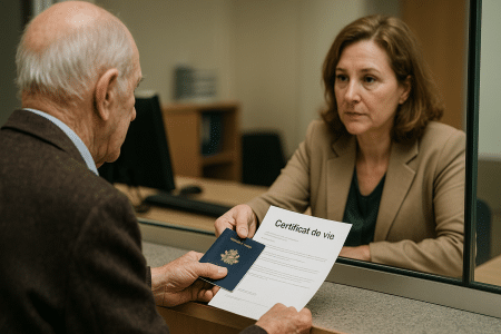 Homme âgé remettant un certificat de vie et un passeport à une agente consulaire derrière un guichet vitré.