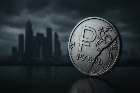 Pièce de rouble russe fissurée sur fond de ville sombre et menaçante