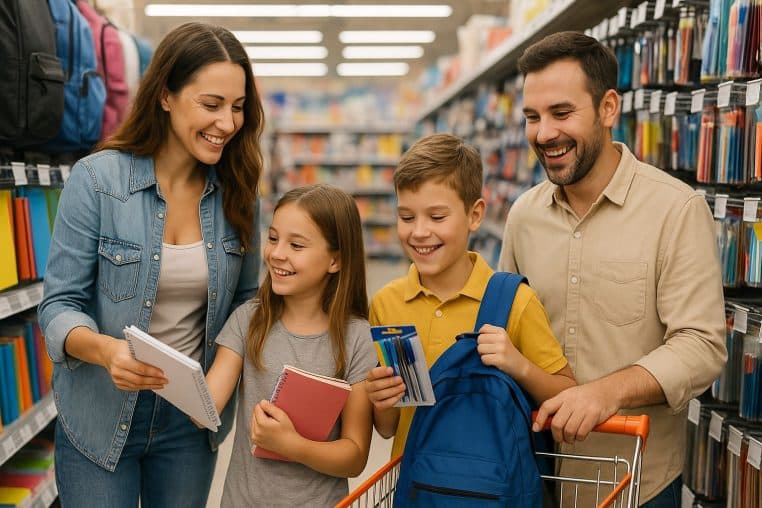 Famille de quatre personnes — mère, père, fille et fils — dans une allée de magasin de fournitures scolaires, tenant cahiers, stylos et cartable.