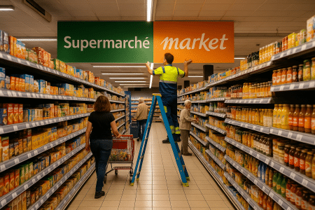 Employé changeant l'enseigne d'un supermarché dans une allée de produits