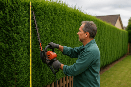 Homme taillant une haie à l'aide d'un taille-haie électrique près d'une clôture de jardin résidentiel.