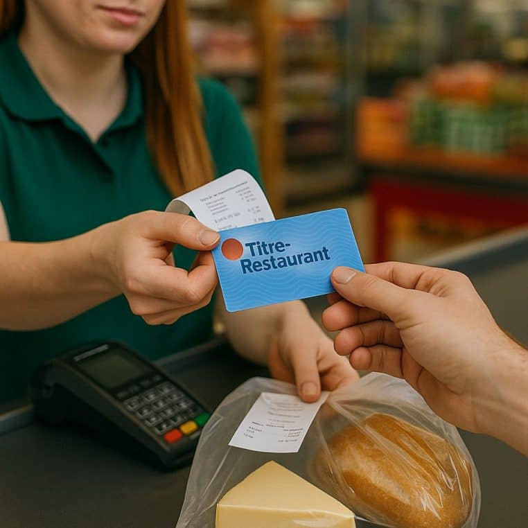 Une caissière tend un titre-restaurant à un client devant un terminal de paiement, avec des produits frais en arrière-plan