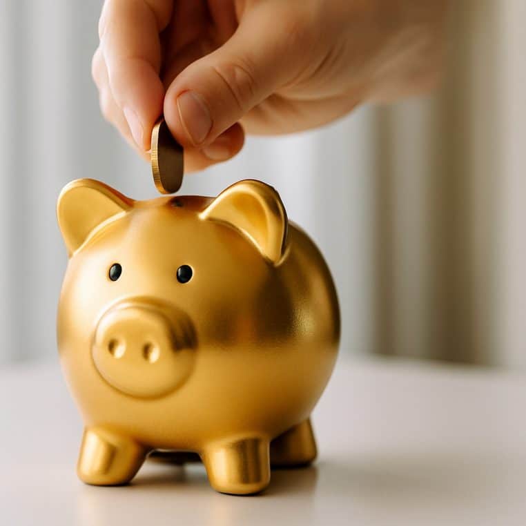 Tirelire dorée posée sur un bureau
