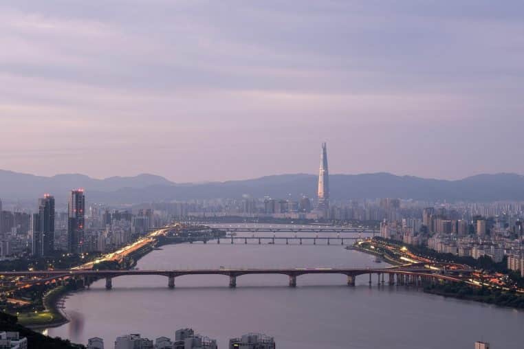 seoul, city, landscape, architecture, korea, sunrise, nature, view, dawn, lotte tower, han river