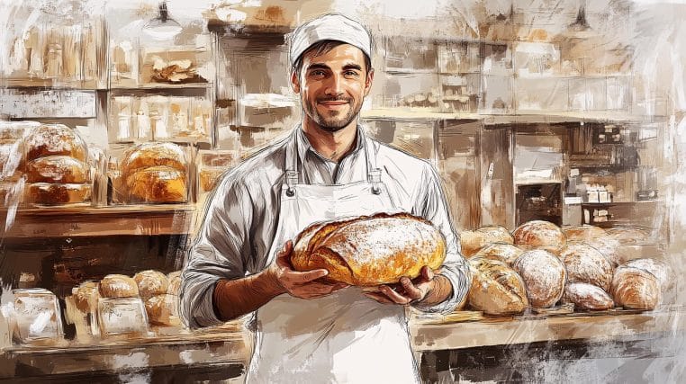 ai generated, baker, bakery scene, artisan baker, bakery art, bread making, kitchen, baking process, pastry chef, bakery interior, handcrafted bread, cooking art, bakery tools, flour and dough, bakery life, traditional baking, drawing