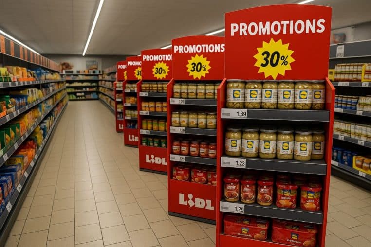 Allée promotionnelle chez Lidl avec présentoirs rouges – réductions de 30 %.