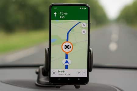 Smartphone Android en voiture affichant Google Maps avec alerte radar superposée via TomTom AmiGo.