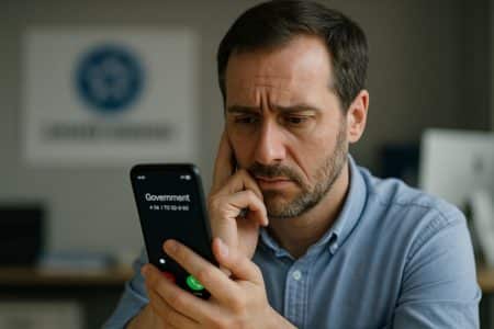 Une personne préoccupée tenant un smartphone affichant un appel frauduleux émanant d’un faux numéro gouvernemental.