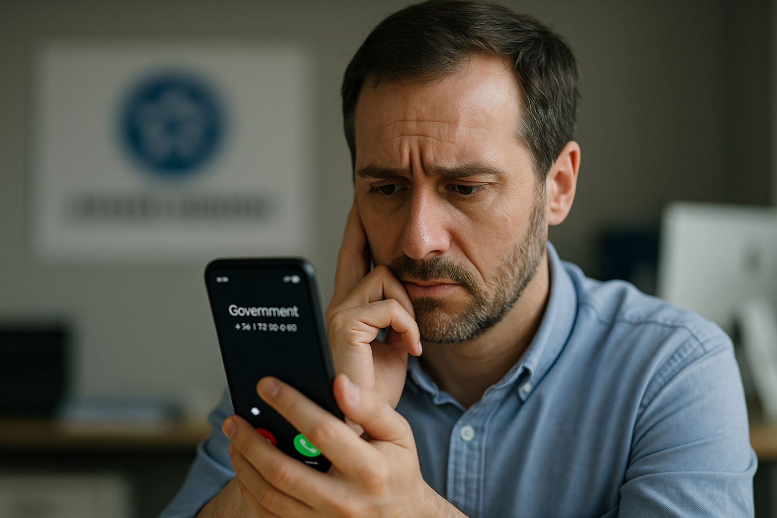 Une personne préoccupée tenant un smartphone affichant un appel frauduleux émanant d’un faux numéro gouvernemental.