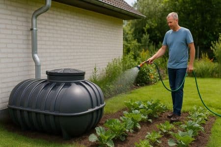 Homme arrosant son potager avec un tuyau relié à un récupérateur d’eau de pluie installé contre la façade de sa maison.