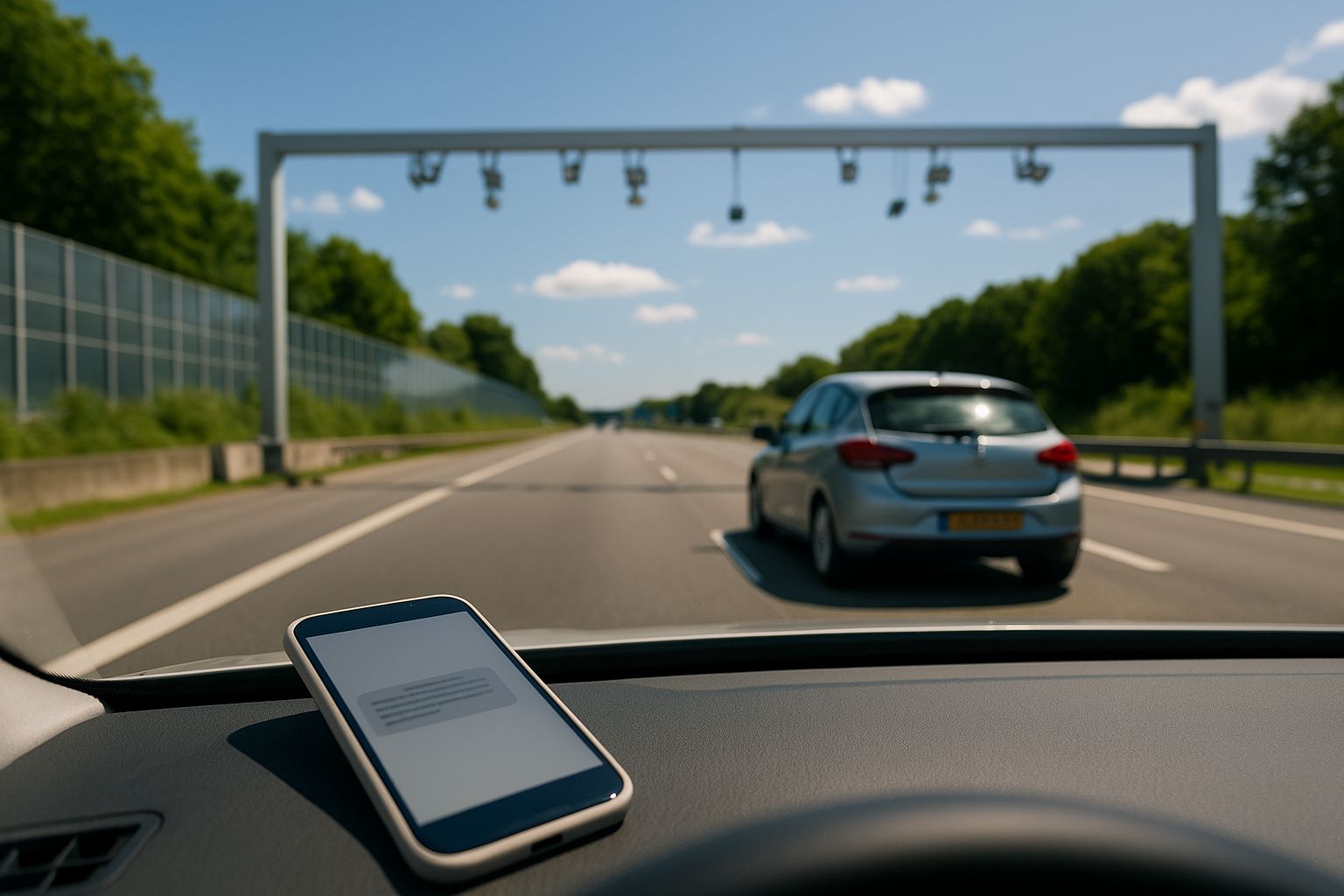 Vue depuis l’intérieur d’une voiture circulant sur une autoroute à flux libre en été, un smartphone posé sur le tableau de bord affiche un SMS douteux, avec un portique de péage sans barrière en arrière‑plan.
