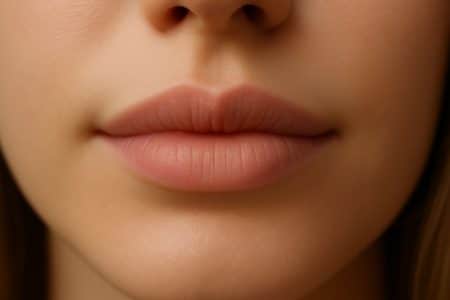 Gros plan sur des lèvres naturelles avec des contours doux et un léger volume.