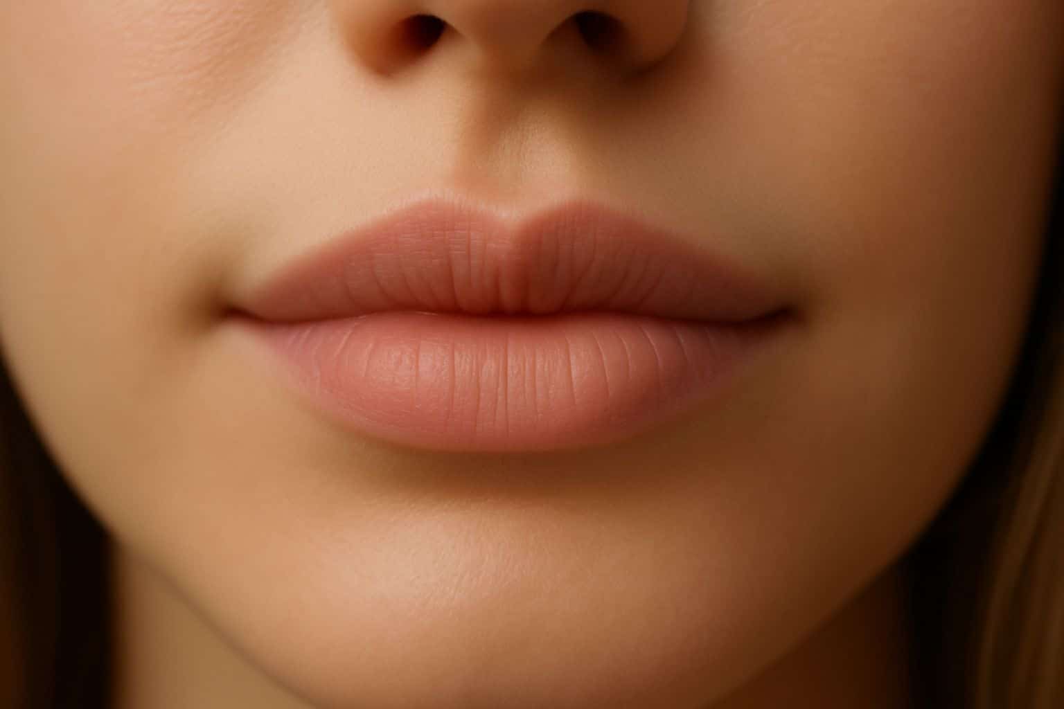 Gros plan sur des lèvres naturelles avec des contours doux et un léger volume.