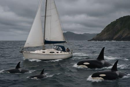 Voilier blanc naviguant sur une mer agitée, cinq orques noirs et blancs nageant à proximité, avec une côte escarpée et un ciel nuageux en arrière‑plan.