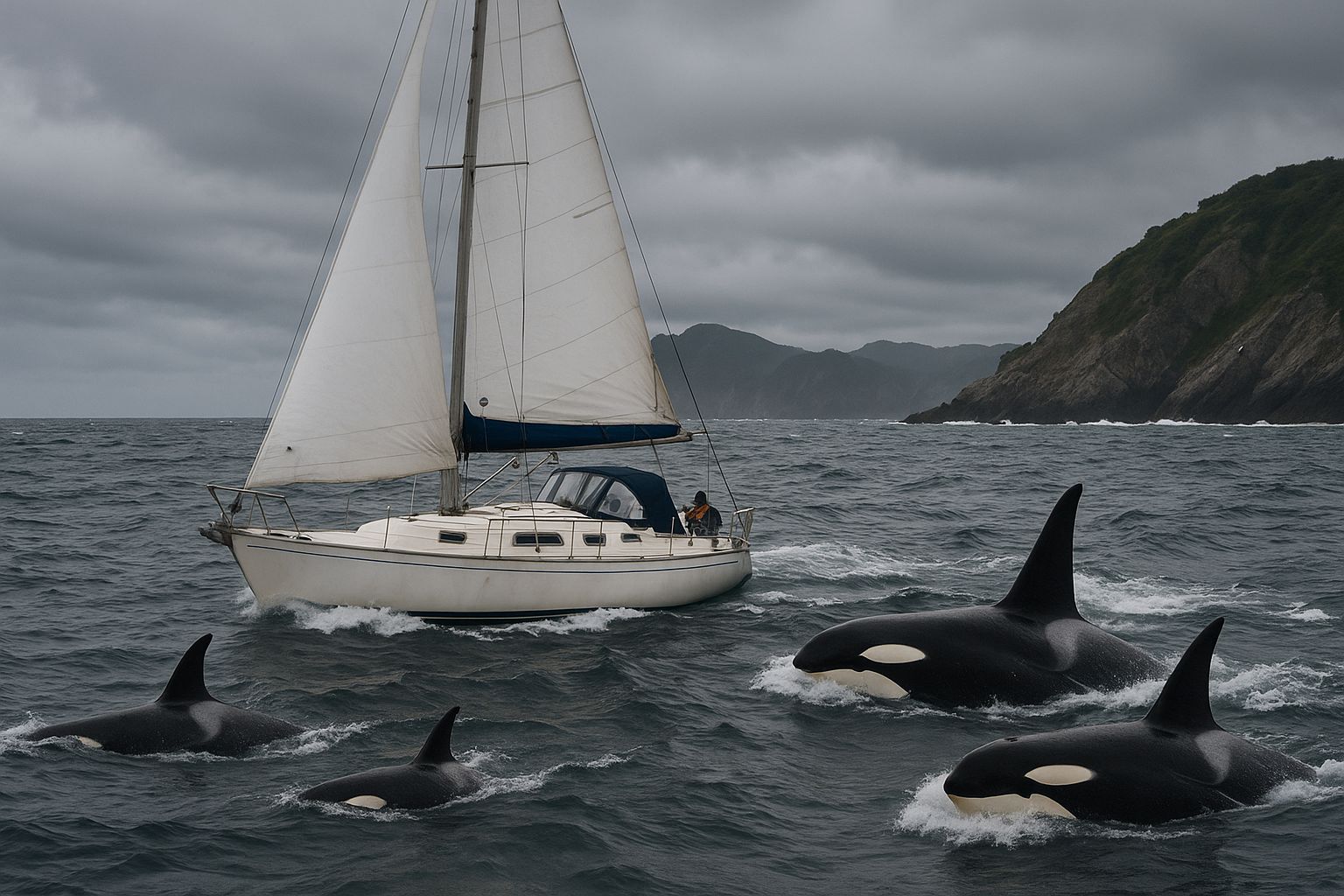 Voilier blanc naviguant sur une mer agitée, cinq orques noirs et blancs nageant à proximité, avec une côte escarpée et un ciel nuageux en arrière‑plan.
