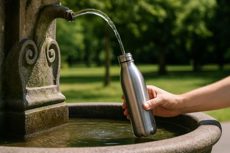 Main remplissant une gourde inox à une fontaine en pierre dans un parc.