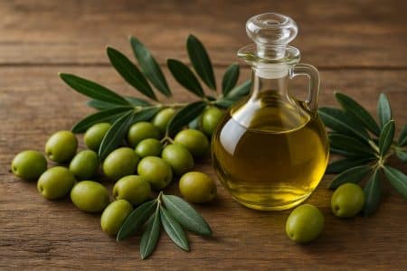 Bouteille d’huile d’olive avec olives vertes sur table en bois, éclairage naturel.