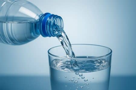 Filet d’eau clair coulant d’une bouteille plastique dans un verre transparent.