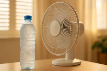 Une bouteille d’eau congelée placée devant un ventilateur crée un flux d’air rafraîchi pour adoucir la chaleur estivale.