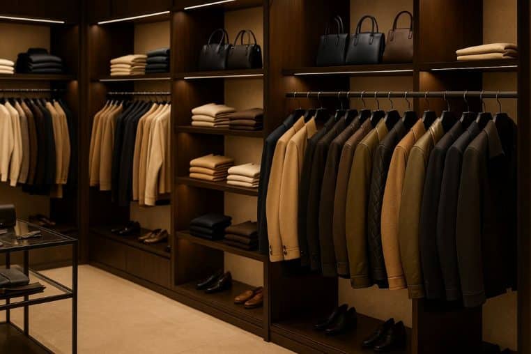 Intérieur d’une boutique haut de gamme pour hommes avec vestes alignées, étagères en bois et éclairage élégant.