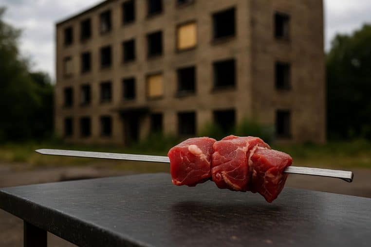 Pic à brochette en acier posé sur une table, avec morceaux de viande, arrière-plan d’un immeuble désaffecté.