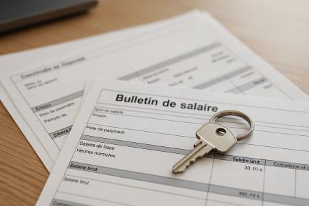 Des bulletins de salaire posés sur un bureau à côté de clés de logement.