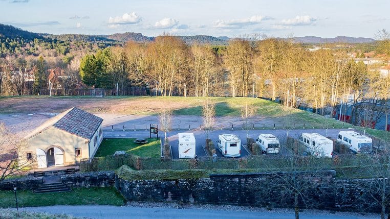 Rangée de caravanes blanches stationnées dans un paysage boisé.