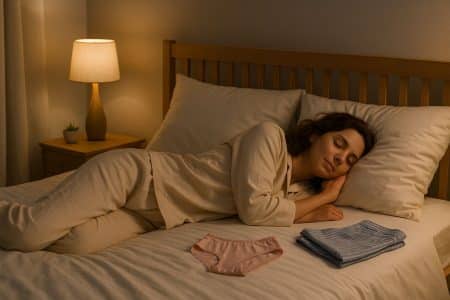 Personne dormant paisiblement dans un lit, vêtue d’un pyjama ample, sans sous‑vêtements apparents.