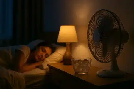 Ventilateur et lampe éclairant une chambre sombre où une femme dort.