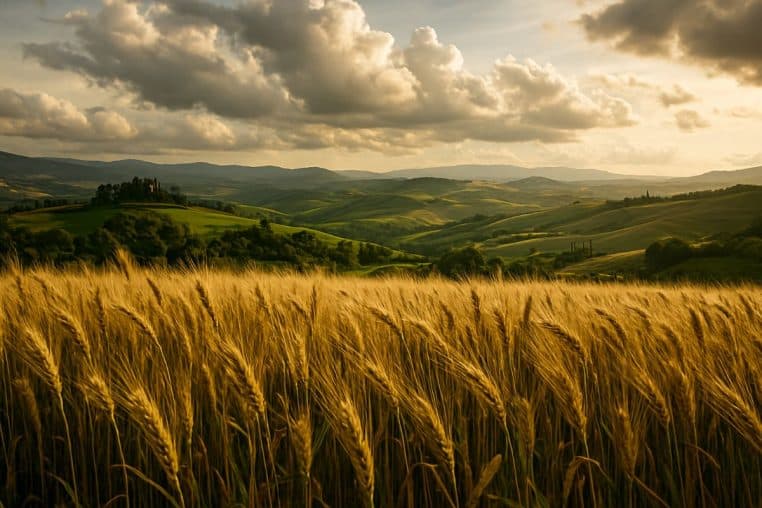 Épis de blé au premier plan avec collines vertes et ciel nuageux en arrière-plan
