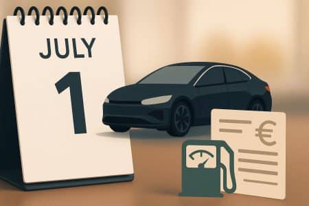 Illustration représentant un calendrier ouvert au 1er juillet, accompagné d’une voiture électrique stylisée et d’icônes évoquant l’économie d’énergie et les aspects financiers.