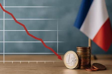 Graphique à ligne rouge en forte descente illustrant la chute des rendements d’épargne en France, avec des piles de pièces en euros au premier plan et un drapeau français flou en arrière-plan.