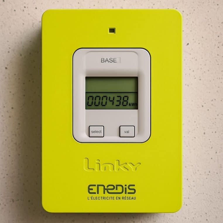Gros plan sur un compteur Linky vert affichant la consommation à l’écran.