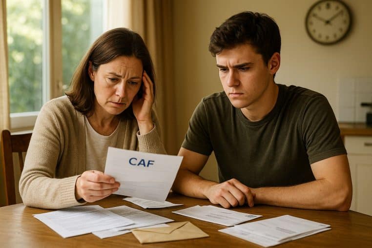 Une mère et son fils adulte assis à une table en bois, l’air préoccupé, lisant ensemble un courrier de la CAF entouré de documents épars.