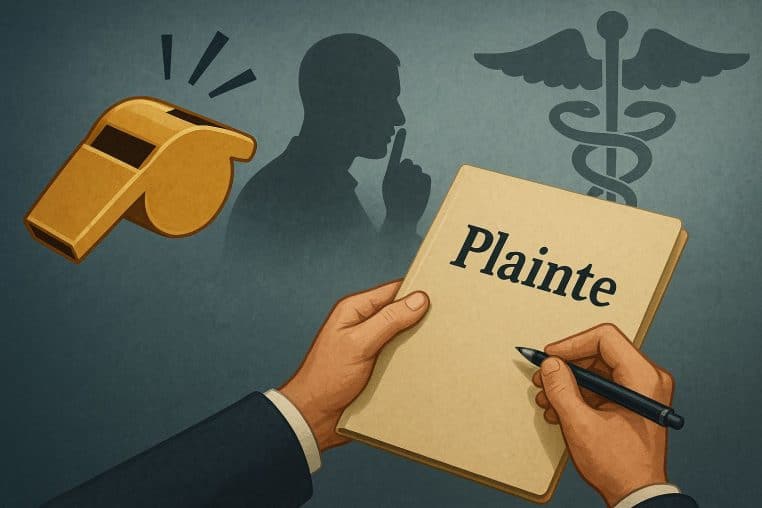 Illustration d’une plainte écrite à la main, avec un sifflet jaune, une silhouette signalant le silence et un symbole médical en arrière-plan.