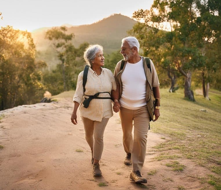 Illustration d’un couple de seniors marchant sur un sentier forestier.