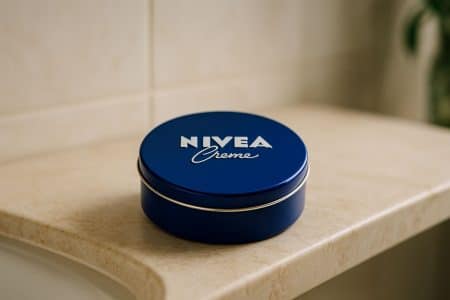 Pot de crème Nivea bleu posé sur un lavabo en marbre dans une salle de bain minimaliste.