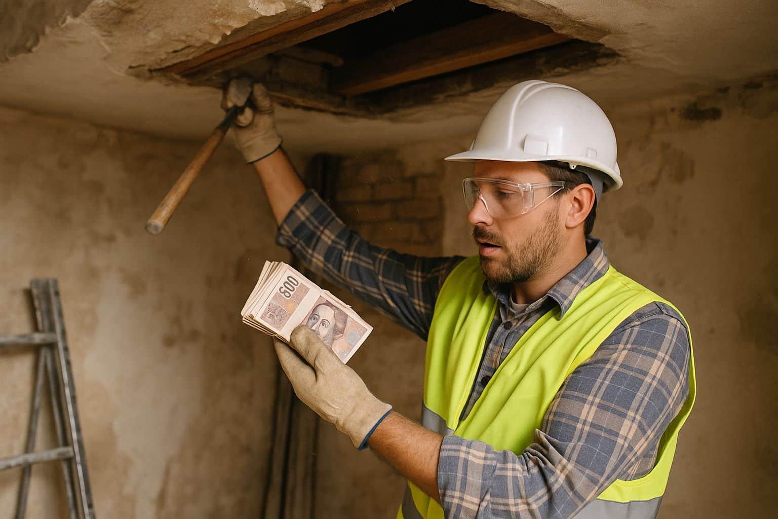 Ouvrier en gilet de chantier découvre des liasses de billets de 500 francs cachées dans un plafond lors de travaux..