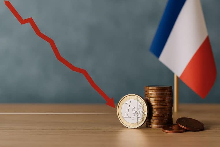 Graphique linéaire rouge en forte descente, pièces d’euros et drapeau français en arrière-plan.