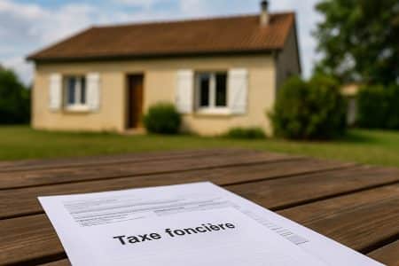 Document de taxe foncière sur une table en bois, avec une maison française floue en arriere-plan.