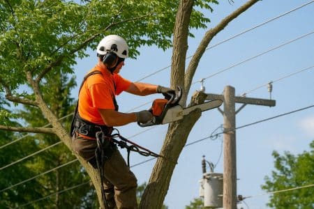 Un professionnel assure l’entretien des arbres à proximité des réseaux électriques pour garantir la sécurité et la continuité du service.