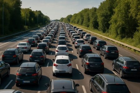 Vue d’une autoroute en été avec trois files de voitures coincées dans un embouteillage sous un ciel ensoleillé.