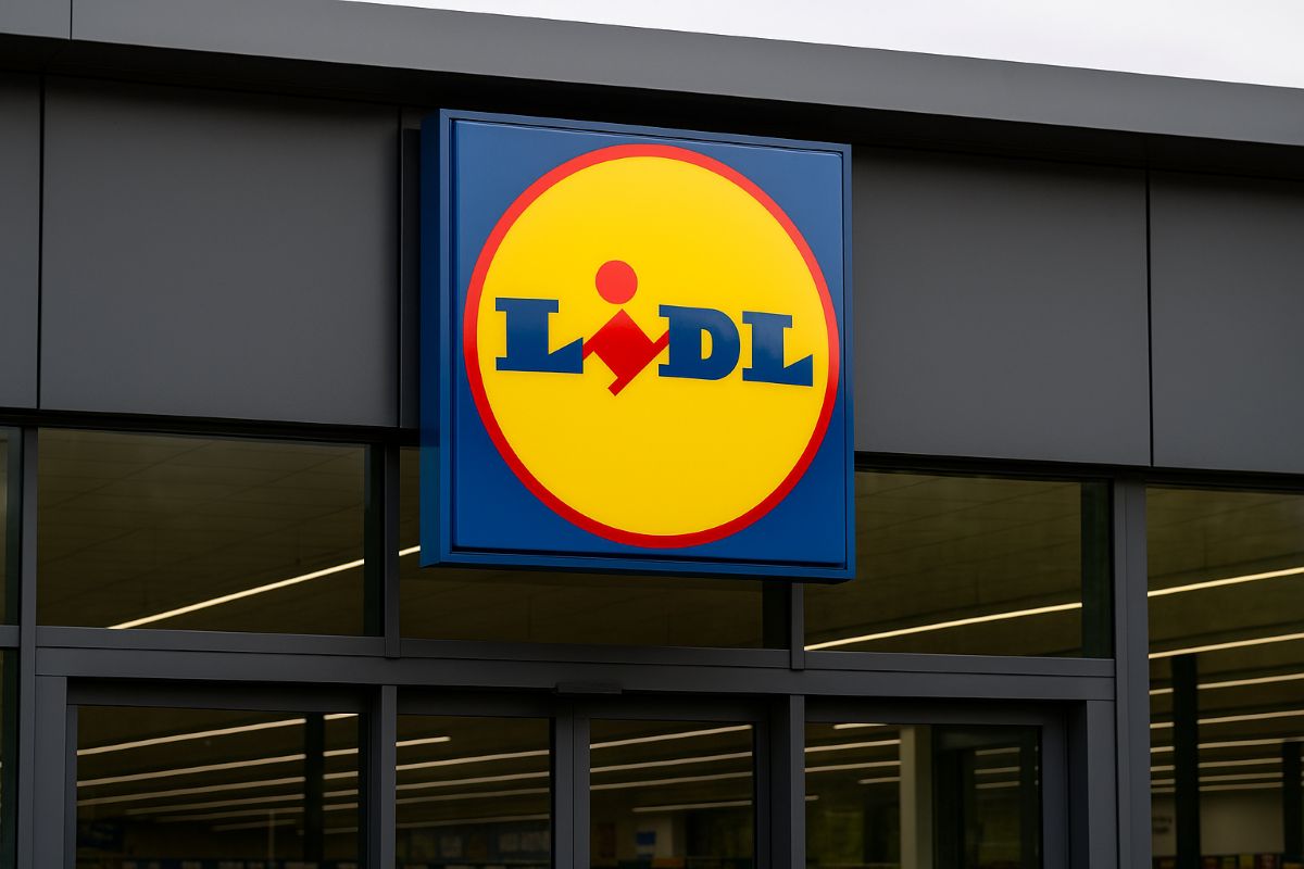 Logo Lidl au-dessus des portes vitrées d’une entrée sombre.