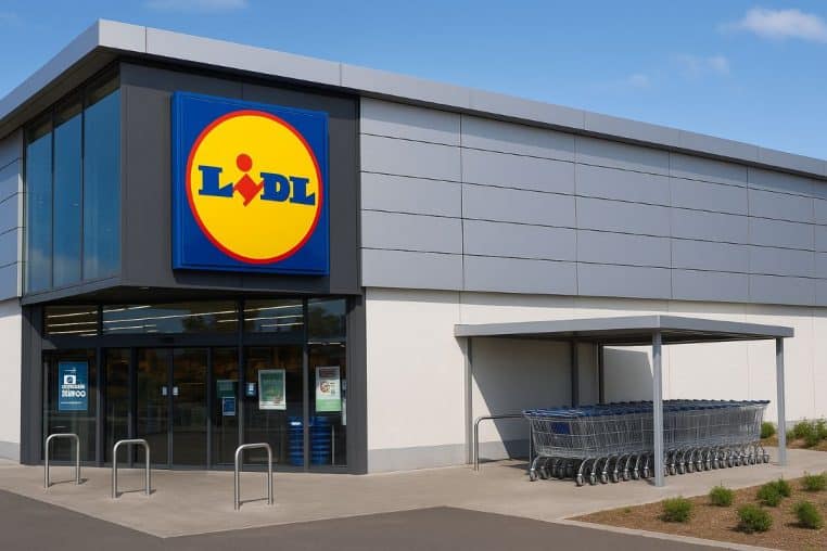 Façade d’un supermarché Lidl moderne avec logo et caddies alignés.